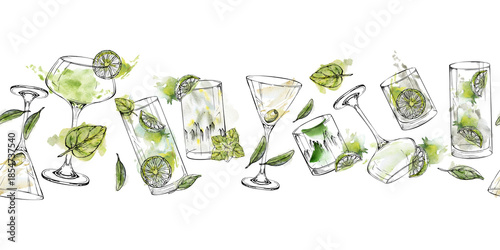 Seamless border of mojito, martini, daiquiri and margarita glasses, lime and mint garnish, vodka tequila lemonade in watercolor and ink. Hand drawn for bar design, web headers, and recipe layouts.