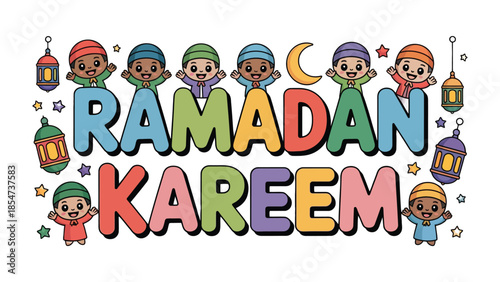 Ramadan Kareem: Vibrant depiction of Ramadan Kareem with charming illustrations, embodying the spirit of blessings, unity, and festive joy.