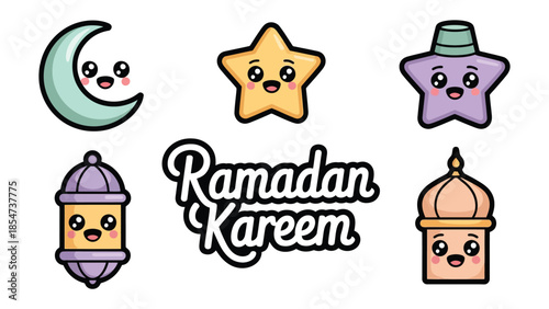 Ramadan Kareem: Cute Islamic themed design for holy month celebrations, featuring joyful cartoon elements for greetings.