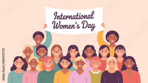 A large gathering of diverse women holding a banner to celebrate International Womens Day with smiles