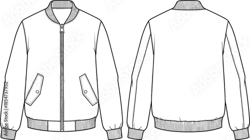 Bomber jacket technical sketch, front and back view, fashion flat drawing, vector apparel design, CAD illustration, garment construction template