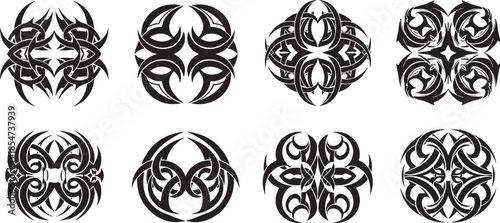 Tribal designs featuring ornate patterns and symmetrical shapes in various illustrations