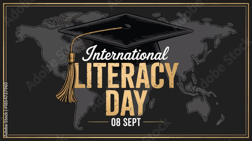 A large golden tassel on a graduation cap highlights International Literacy Day over a world map
