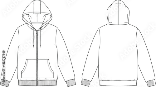 cad drawing flat vector illustration, hoodie technical sketch front back, fashion design template, sweatshirt apparel mockup, garment production layout
