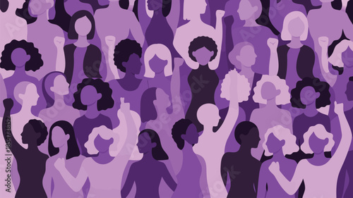 A multitude of women with diverse hairstyles and poses gather together in various shades of purple
