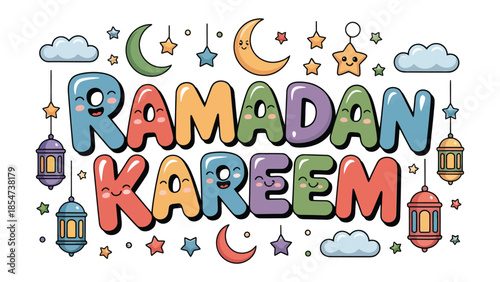 Ramadan Kareem: A vibrant and colorful illustration of the Islamic holy month. A cheerful text design accompanied by moons, stars, and lanterns. perfect for conveying festive greetings. 