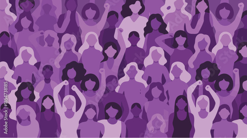 A powerful crowd of diverse women with raised fists and arms in various shades of purple