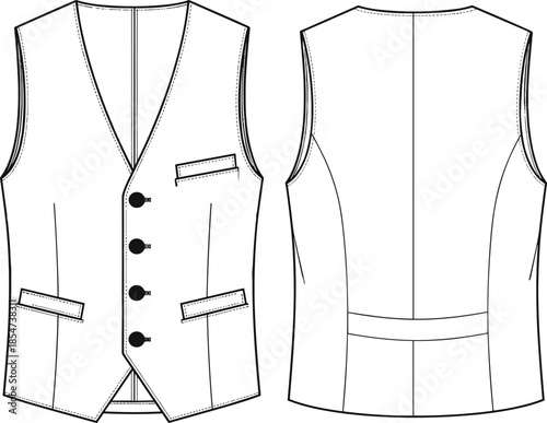Men's tailored vest front back view, fashion technical sketch, garment construction detail, vector flat template, apparel design drawing
