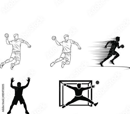 Handball players in action with goalkeeper