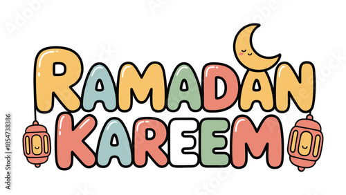 Ramadan Kareem: A festive and vibrant graphic design illustration of the Ramadan Kareem text in a cute and colorful style. with decorative elements like the crescent moon and lanterns.