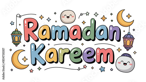 Ramadan Kareem: Vibrant and festive illustration, capturing the essence of Ramadan, featuring moon, stars, lanterns, and a cheerful atmosphere, spreading blessings and goodwill.