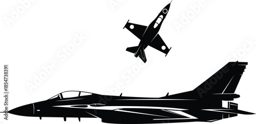 Military jet silhouette vector, black fighter aircraft, aviation design element, modern and vintage planes, white background, defense concept illustration, air force graphic