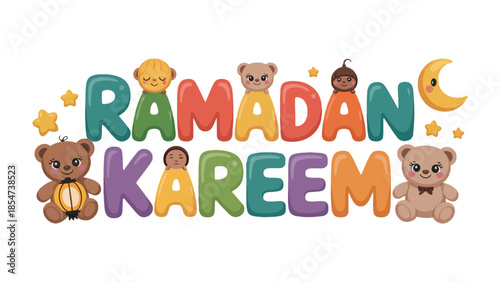 Ramadan Kareem: Vibrant and joyful illustration with the phrase Ramadan Kareem written in playful typography. Adorned with charming bears, crescent moons, and stars.