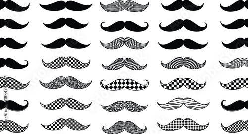 Stylized mustache vector collection, retro facial hair silhouettes, hipster grooming icons, vintage barber shop design elements, fashion illustration set, decorative patterns