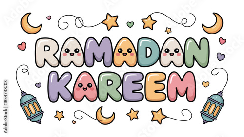 Ramadan Kareem: This image encapsulates the spirit of Ramadan Kareem with playful, cartoonish lettering surrounded by festive elements like crescent moons, stars, and lanterns.