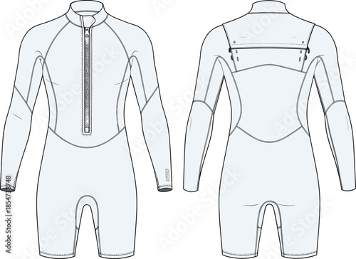 Wetsuit technical sketch, spring suit vector, flat fashion drawing, garment design template, cad apparel illustration, surfwear front back view