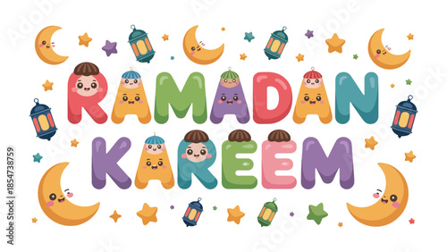 Ramadan Kareem Illustration: A vibrant and colorful illustration conveys the spirit of Ramadan Kareem, featuring playful characters, crescent moons, stars, and lanterns.