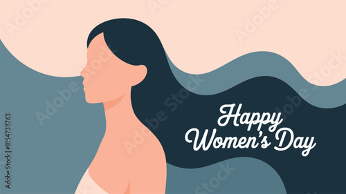 A serene womans profile with bare shoulders and long dark hair for Womens Day