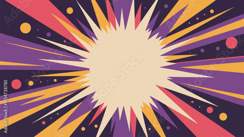 A sharp spiky radial explosion with dynamic rays in purple orange and red creating an exciting visual frame