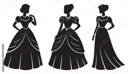 Elegant fashion female figures in dress silhouettes for bridal and evening wear themes