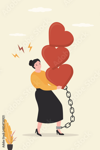 Unhappy woman carry heavy red hearts. Tired girl chained to relationship or abused in family. Fatigue from love and partner. Girl suffers from unrequited love and loneliness.