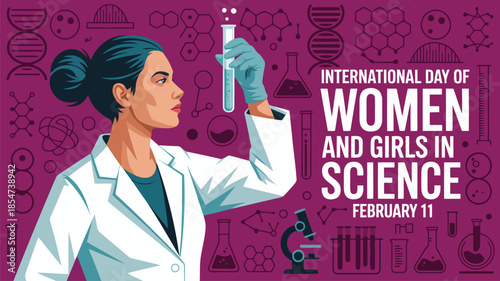 A skilled female scientist holds a test tube filled with liquid, celebrating women and girls in science