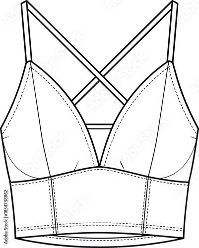 Women's bralette fashion sketch, technical garment drawing, lingerie vector template, stylish crop top design, sewing pattern outline, cad drawing flat vector illustration