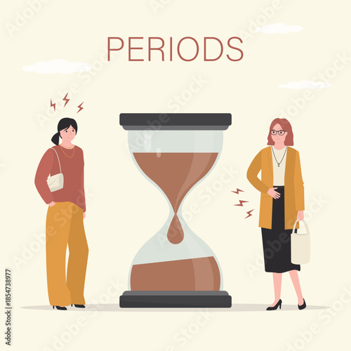 Women struggle from strong abdominal and head pain during periods. Hourglass with blood. Menstrual period, menstruation, premenstrual syndrome, PMS, ovaries