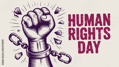 A strong human fist defiantly breaks heavy metal chains, commemorating the significant human rights day