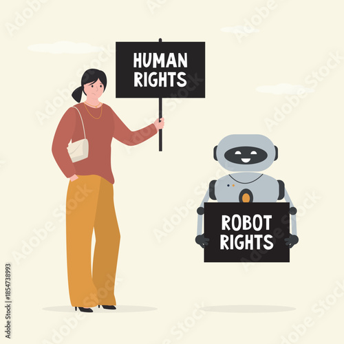 Human rights vs Robot rights. Cartoon characters holding protest signs. Cute chatbot mascot and female character holding placards with text. Social issues.