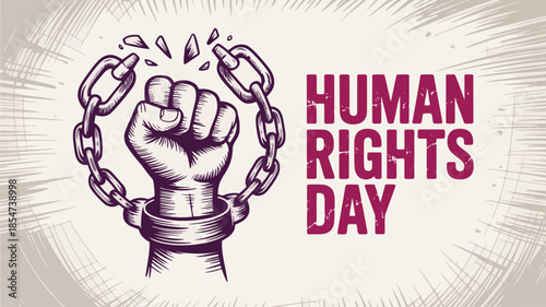 A strong fist breaks free from heavy chains on Human Rights Day symbolizing freedom