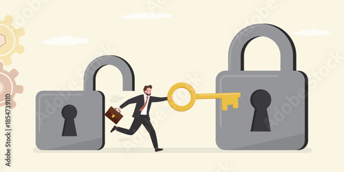 Businessman holding huge golden key to unlock padlocks step by step. Key success for solution, career development, leadership in problem solving.