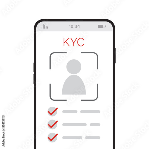 KYC, Know Your Customer. Profile identity symbol on mobile phone, design isolated on white background. Personal identification concept. KYC Verification on smartphone.