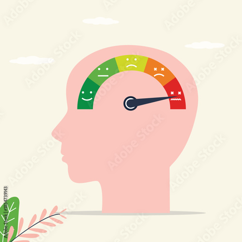 Measuring scale with arrow in head. Psychological test, control feelings, emoji set for mood tracker. Mood or stress level meter.