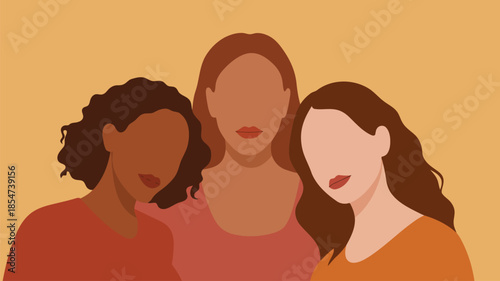 A vibrant illustration showcasing three diverse women with different skin tones standing together closely in unity