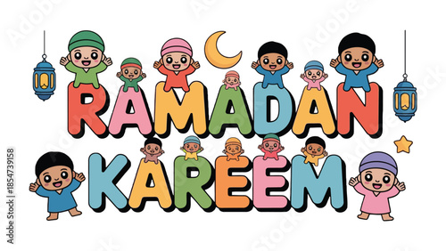 Ramadan Kareem: Vibrant cartoon celebrating the month of Ramadan with cute characters and festive decorations.