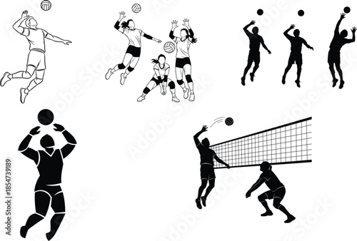 Volleyball players in action poses silhouette