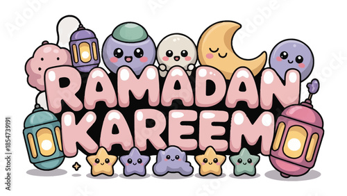 Ramadan Kareem Illustration: Festive illustrations of the word Ramadan Kareem, adorned with adorable crescent moons, stars, and lanterns in soft pastel colors, creating a joyful.