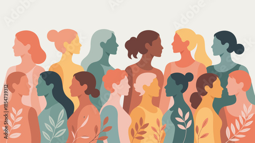 Beautiful collection of diverse female profiles with plant elements in muted earthy tones