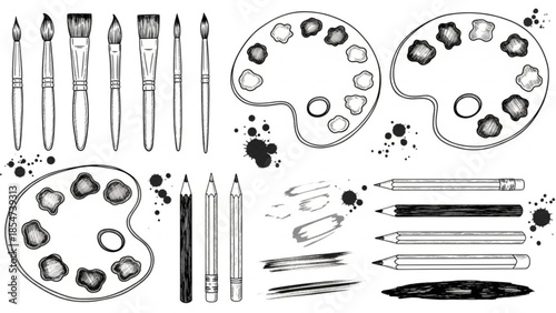 Artist Paint Brush Palette Sketch Vector Set