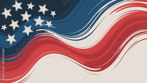 Bold and expressive brush strokes form a vibrant waving American flag design with many stars