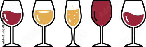 A collection of five stylized glasses filled with different types of wine and bubbly beverages, perfect for drink-related designs