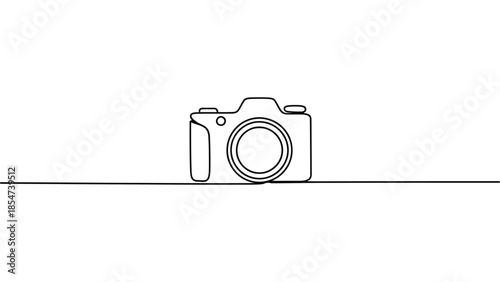 minimal camera line illustration representing photography concept, digital media creation, photo equipment, visual content production and creative technology on white background 