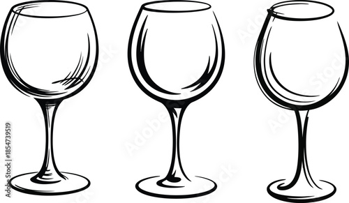 A hand-drawn sketch set featuring three empty wine glasses, perfect for illustrating beverage menus, drink concepts, or sophisticated barware designs with an artistic, minimalist flair