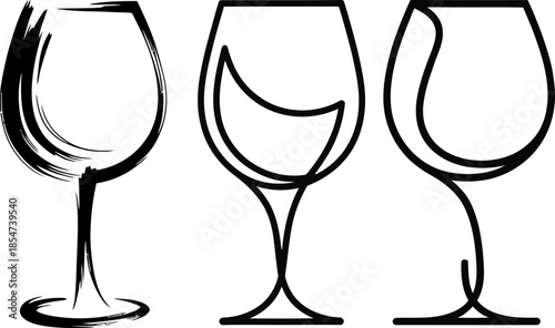 A set of three stylized wine glasses, rendered in simple black line art on a white background, showcasing different artistic interpretations of the iconic glassware