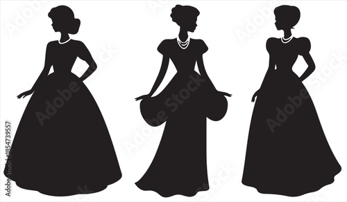 Black silhouette vector set of elegant ladies in formal gowns and ball dresses on white background
