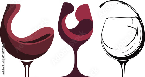 Dynamic vector illustrations of wine glasses featuring abstract liquid swirls and elegant splashes, ideal for beverage branding, event invitations, and sophisticated designs