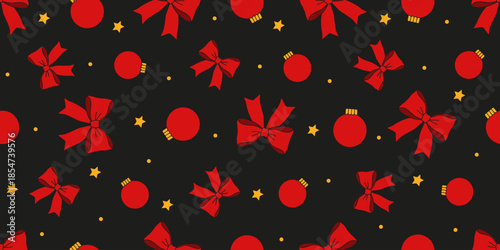 Christmas Wrapping Paper template design. Vector coquette seamless pattern from red bow Christmas ball stars on black background. Perfect Xmas Wrap paper. EPS 10