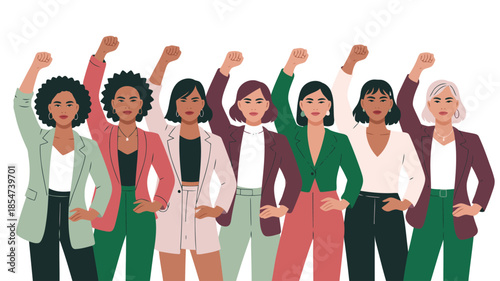 Diverse group of empowered women raising their fists in a strong show of unity and solidarity