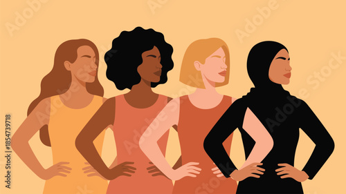 Diverse group of four women standing confidently together with hands on hips